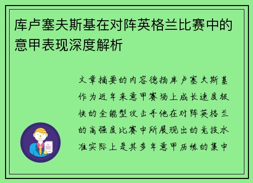 库卢塞夫斯基在对阵英格兰比赛中的意甲表现深度解析